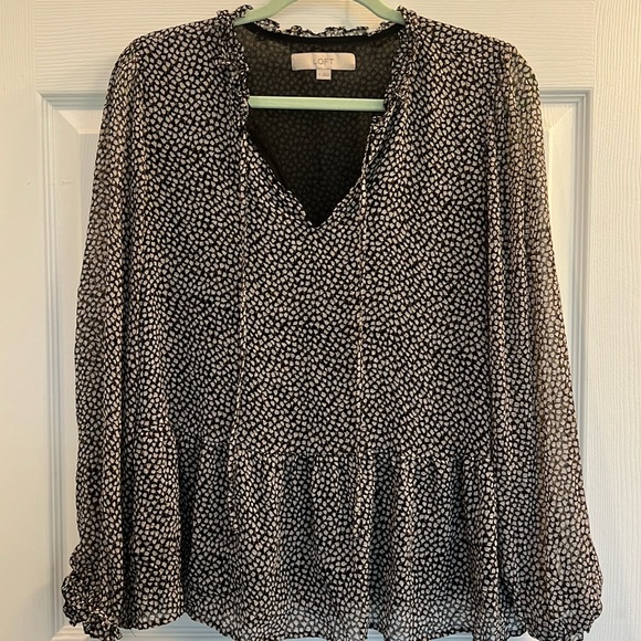 LOFT Tops - Loft Floral Print With Ruffled Neck and Sleeves VNeck with Ties Size Medium